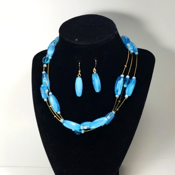Gold-tone Wire Multi-Row Illusion Blue Beads Necklace, matching Earrings 18+2.5" - Picture 4 of 8